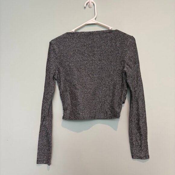 Shimmer Wrapover Top size M Glam, Silver, event, dressy, club, cocktail, stretch - Picture 2 of 2
